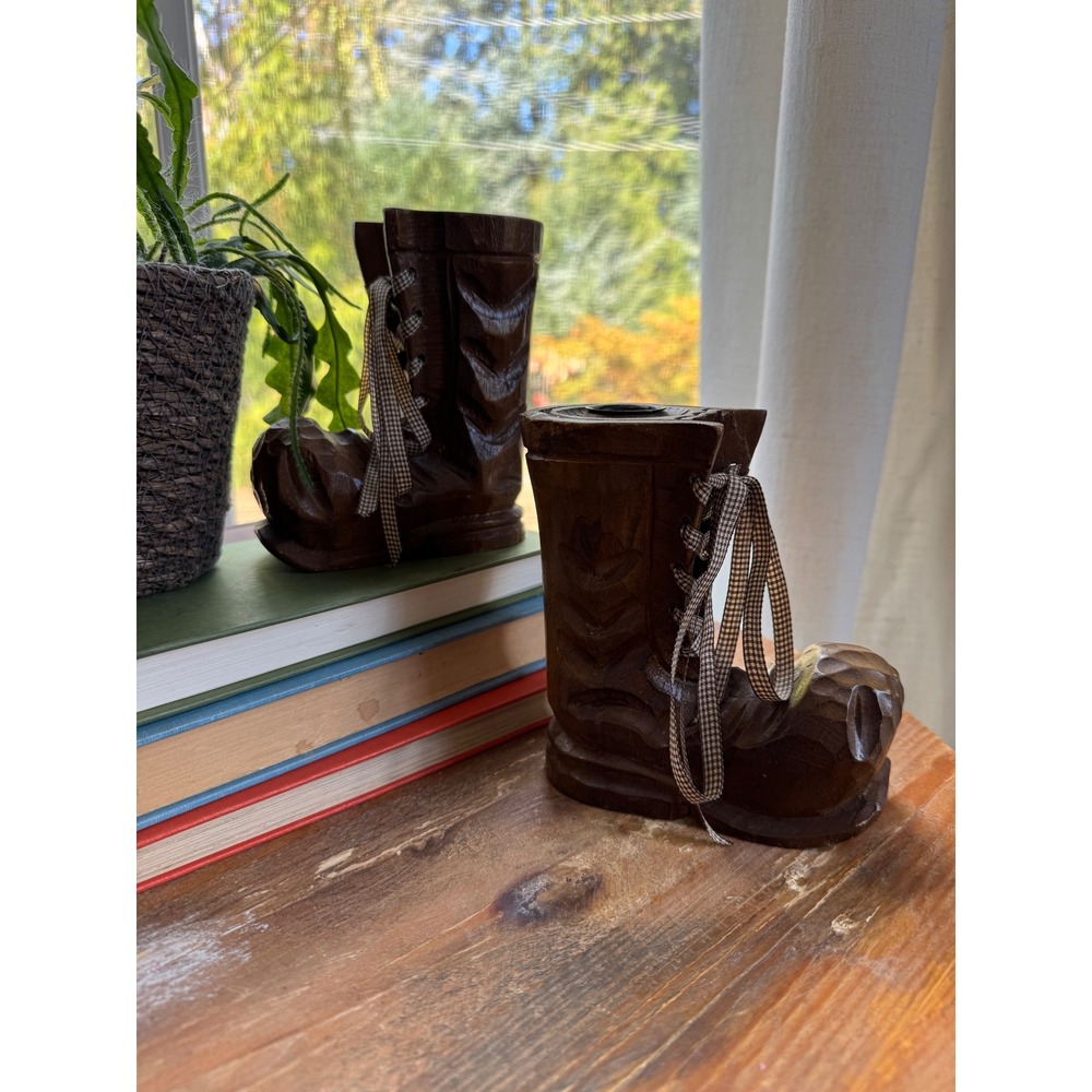 Vintage Hand Carved Wooden Boot Candle Holders Pair Rustic Cabin Folk Art Decor